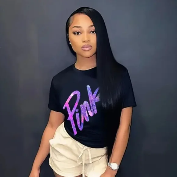 NWT !! Black T-Shirt with the Word PINK Printed on Front in Gradient Lettering💖 - Picture 11 of 16